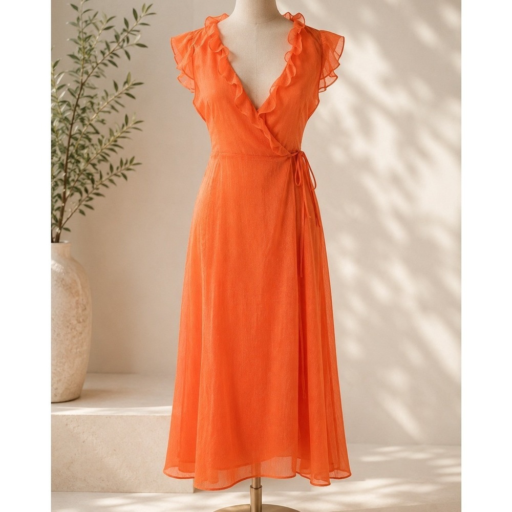 Hutch Dress Women Small Orange Shimmer Chiffon Wrap Maxi Ruffle NWT Sample